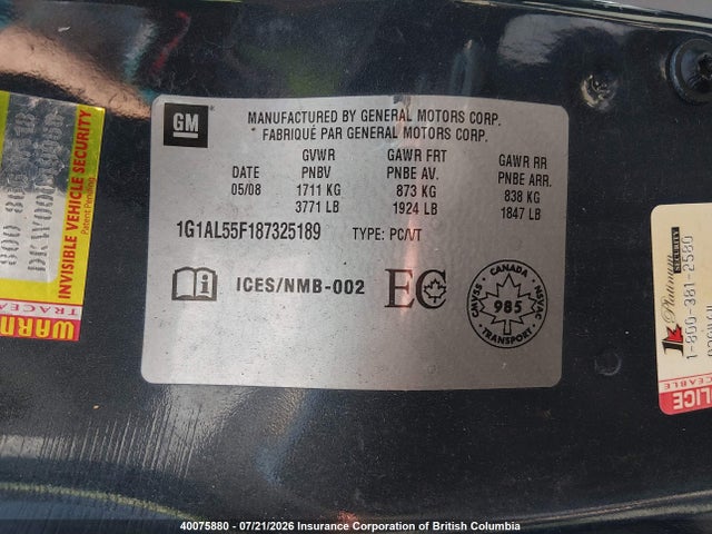 Продажа на аукционе авто 2008 Chevrolet Cobalt Lt, vin: 1G1AL55F187325189, номер лота: 40075880