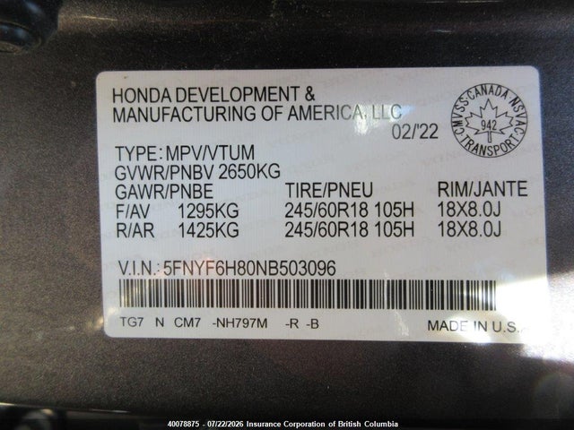 Auction sale of the 2022 Honda Pilot, vin: 5FNYF6H80NB503096, lot number: 40078875