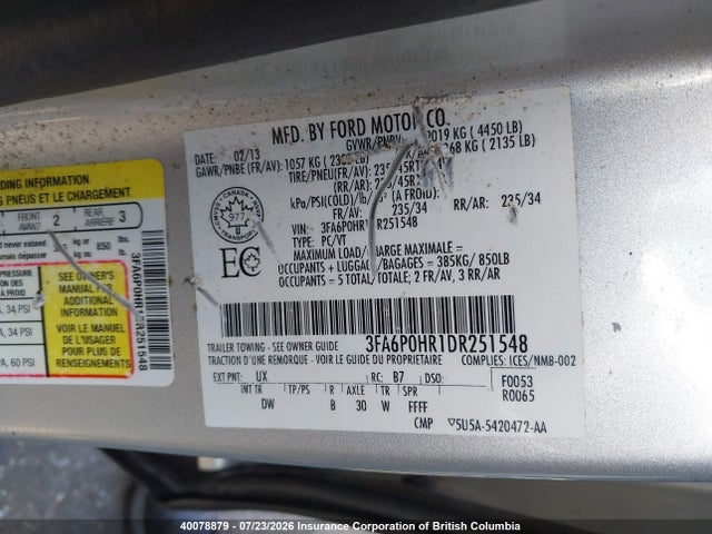 Aukcja sprzedaży 2013 Ford Fusion Se, vin: 3FA6P0HR1DR251548, numer aukcji: 40078879