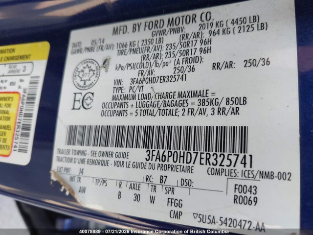 Продажа на аукционе авто 2014 Ford Fusion Se, vin: 3FA6P0HD7ER325741, номер лота: 40078889