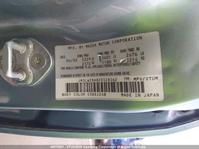 40078891 :رقم المزاد ، JM3LW28A820328362 vin ، 2002 Mazda Mpv Wagon مزاد بيع