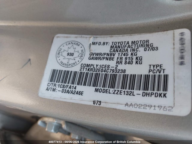 40077413 :رقم المزاد ، 2T1KR32E04C793238 vin ، 2004 Toyota Corolla Matrix Xr مزاد بيع