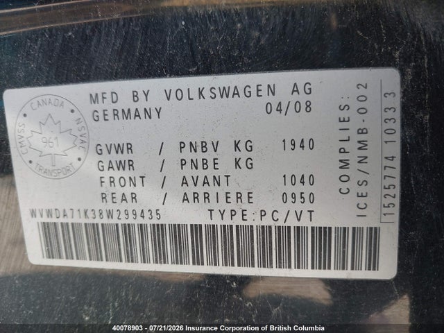 Aukcja sprzedaży 2008 Volkswagen Rabbit, vin: WVWDA71K38W299435, numer aukcji: 40078903