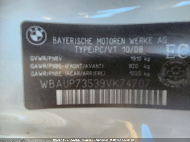40078914 :رقم المزاد ، WBAUP73539VK74707 vin ، 2009 Bmw 128i مزاد بيع