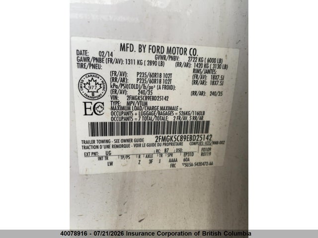 40078916 :رقم المزاد ، 2FMGK5C89EBD25142 vin ، 2014 Ford Flex مزاد بيع
