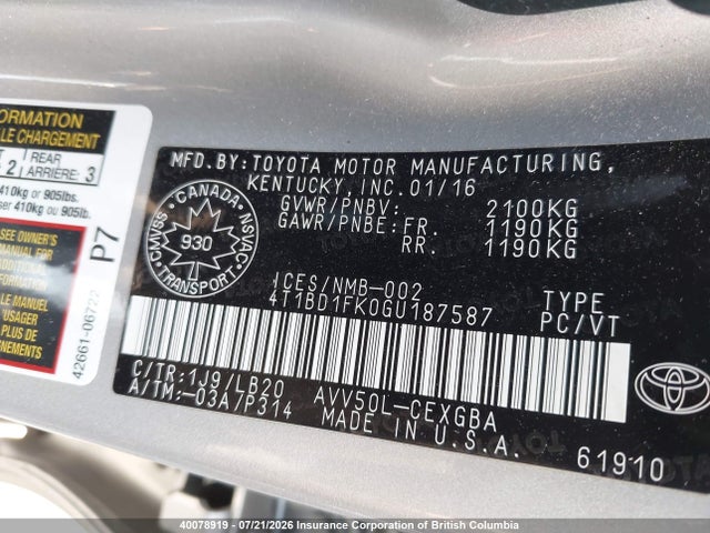 Toyota Camry 2016 4T1BD1FK0GU187587 Image 9