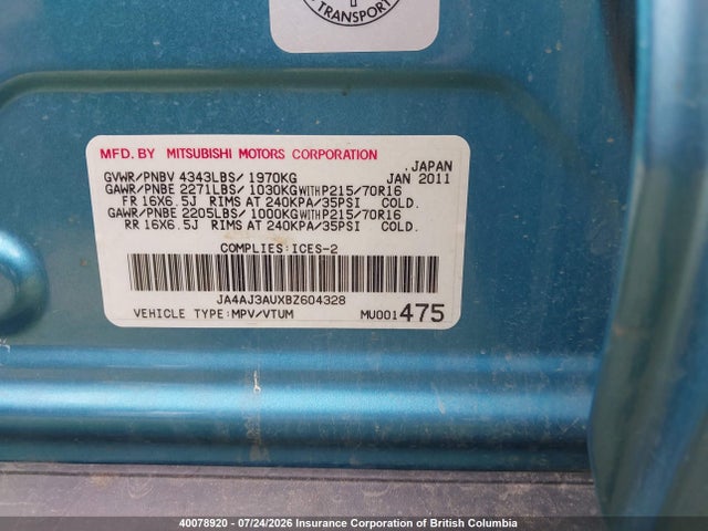 Aukcja sprzedaży 2011 Mitsubishi Rvr, vin: JA4AJ3AUXBZ604328, numer aukcji: 40078920