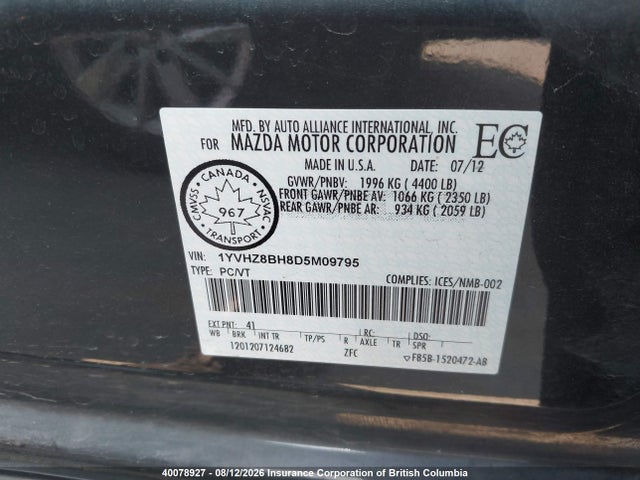 2013 Mazda 6 Sport მანქანა იყიდება აუქციონზე, vin: 1YVHZ8BH8D5M09795, აუქციონის ნომერი: 40078927
