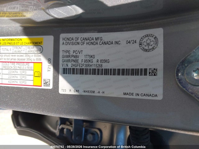Aukcja sprzedaży 2024 Honda Civic Ex, vin: 2HGFE2F38RH115268, numer aukcji: 40070782