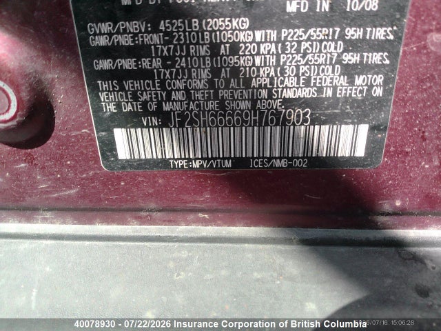 40078930 :رقم المزاد ، JF2SH66669H767903 vin ، 2009 Subaru Forester 2.5xt Limited مزاد بيع
