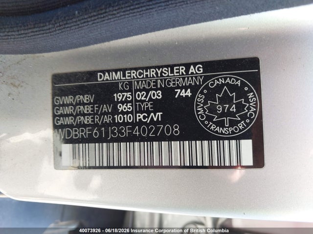 40073926 :رقم المزاد ، WDBRF61J33F402708 vin ، 2003 Mercedes-benz C 240 مزاد بيع