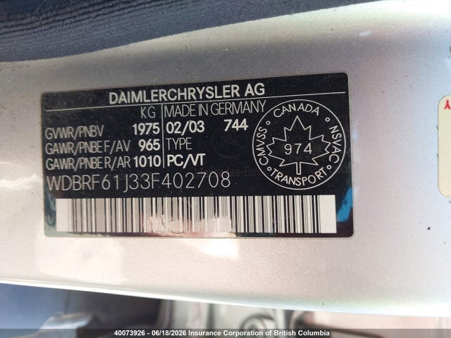 40073926 :رقم المزاد ، WDBRF61J33F402708 vin ، 2003 Mercedes-benz C 240 مزاد بيع