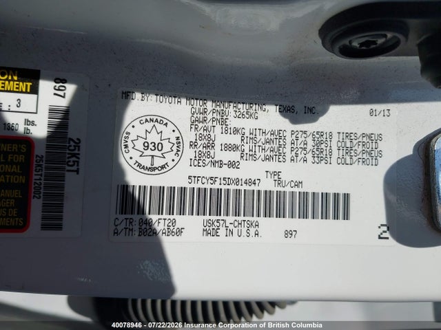 Продаж на аукціоні авто 2013 Toyota Tundra Double Cab Sr5, vin: 5TFCY5F15DX014847, номер лоту: 40078946