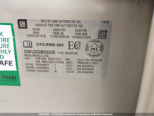 Auction sale of the 2011 Chevrolet Equinox Ls, vin: 2CNFLCEC6B6283385, lot number: 40078952