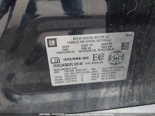 2015 Chevrolet Trax მანქანა იყიდება აუქციონზე, vin: 3GNCJKSB2FL128148, აუქციონის ნომერი: 40078956