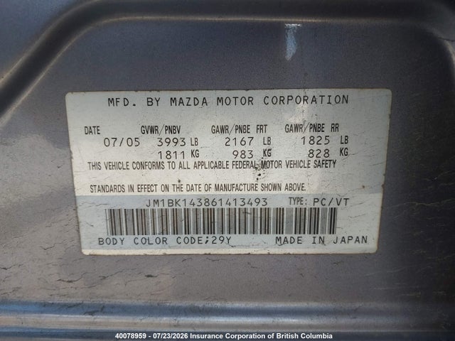 Aukcja sprzedaży 2006 Mazda Mazda3 Gs/gt, vin: JM1BK143861413493, numer aukcji: 40078959