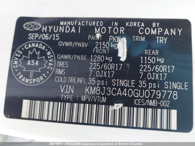 40078971 :رقم المزاد ، KM8J3CA40GU079778 vin ، 2016 Hyundai Tucson Limited/sport And Eco/se مزاد بيع