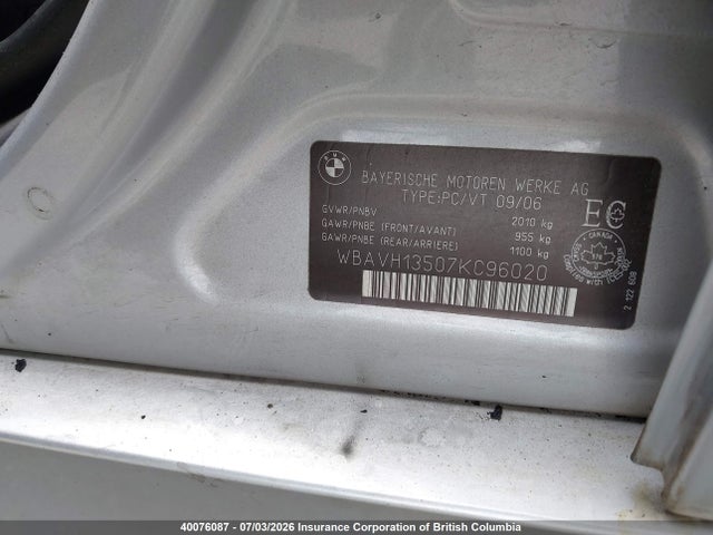 40076087 :رقم المزاد ، WBAVH13507KC96020 vin ، 2007 Bmw 323 I مزاد بيع