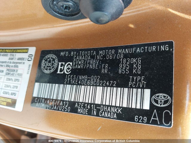 Продаж на аукціоні авто 2009 Toyota Corolla Matrix S, vin: 2T1KE40E69C022472, номер лоту: 40078976