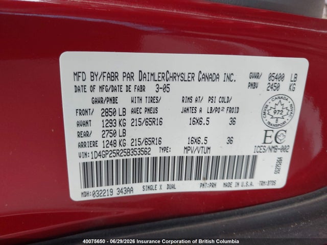 40075650 :رقم المزاد ، 1D4GP25R25B353562 vin ، 2005 Dodge Caravan Se مزاد بيع