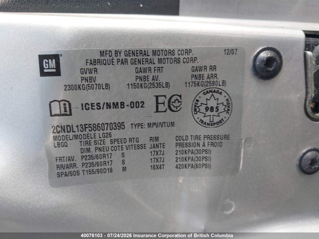 Aukcja sprzedaży 2008 Chevrolet Equinox Ls, vin: 2CNDL13F586070395, numer aukcji: 40076103