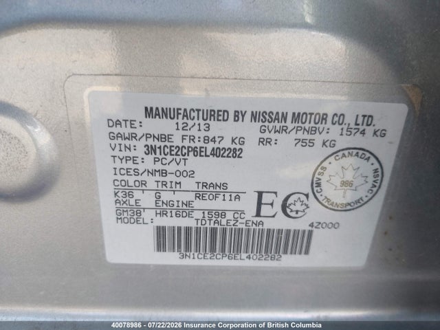 Aukcja sprzedaży 2014 Nissan Versa, vin: 3N1CE2CP6EL402282, numer aukcji: 40078986