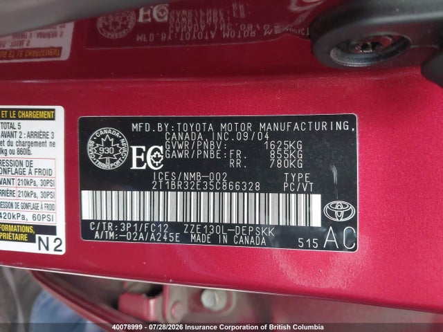 Продаж на аукціоні авто 2005 Toyota Corolla Ce/le/s, vin: 2T1BR32E35C866328, номер лоту: 40078999