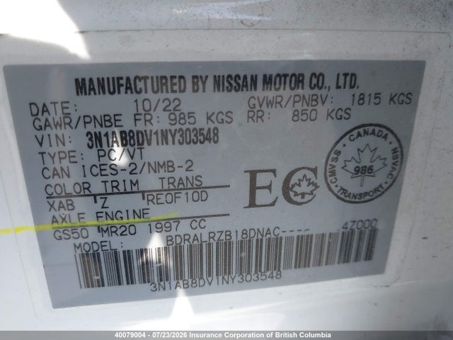 40079004 :رقم المزاد ، 3N1AB8DV1NY303548 vin ، 2022 Nissan Sentra Sr مزاد بيع