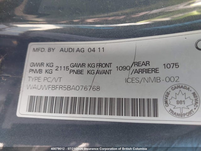40079012 :رقم المزاد ، WAUWFBFR5BA076768 vin ، 2011 Audi A5 مزاد بيع