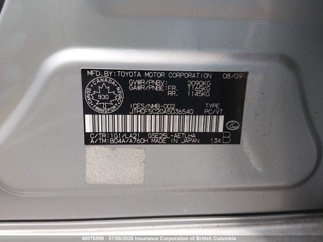 Aukcja sprzedaży 2010 Lexus Is 250, vin: JTHCF5C20A5036540, numer aukcji: 40076599