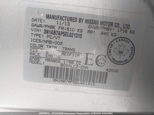 40079014 :رقم المزاد ، 3N1AB7AP5EL621315 vin ، 2014 Nissan Sentra S/sv/sr/sl مزاد بيع