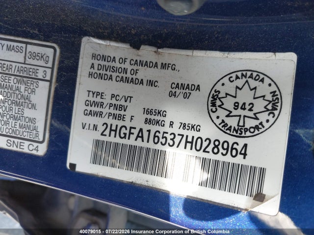 Aukcja sprzedaży 2007 Honda Civic, vin: 2HGFA16537H028964, numer aukcji: 40079015