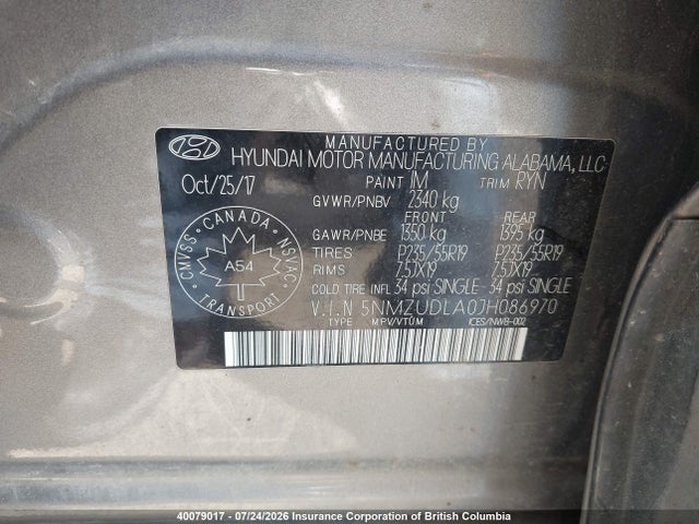 40079017 :رقم المزاد ، 5NMZUDLA0JH086970 vin ، 2018 Hyundai Santa Fe Sport 2.0t Limited مزاد بيع