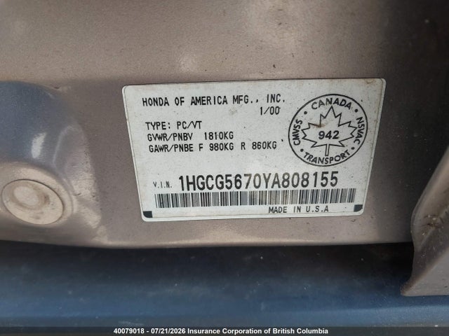 Продажа на аукционе авто 2000 Honda Accord Se, vin: 1HGCG5670YA808155, номер лота: 40079018