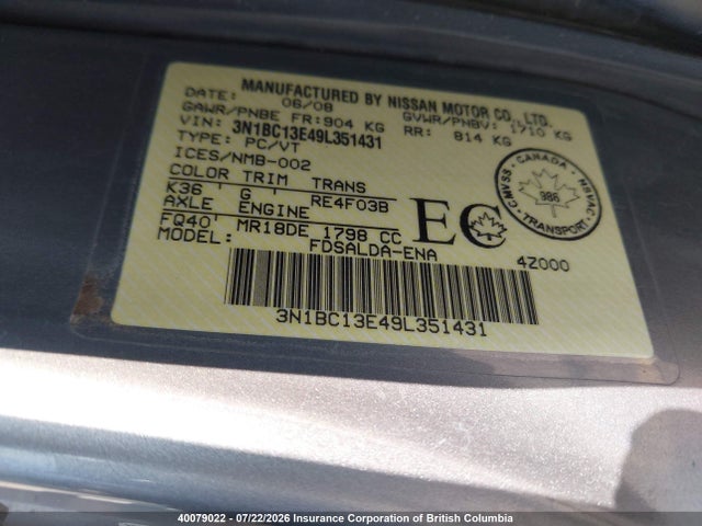 40079022 :رقم المزاد ، 3N1BC13E49L351431 vin ، 2009 Nissan Versa مزاد بيع