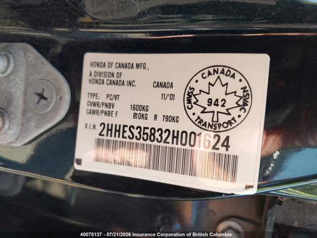 40075137 :رقم المزاد ، 2HHES35832H001624 vin ، 2002 Acura 1.7el Premium مزاد بيع