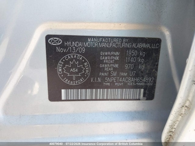 40079040 :رقم المزاد ، 5NPET4AC8AH654892 vin ، 2010 Hyundai Sonata Gl Sport مزاد بيع