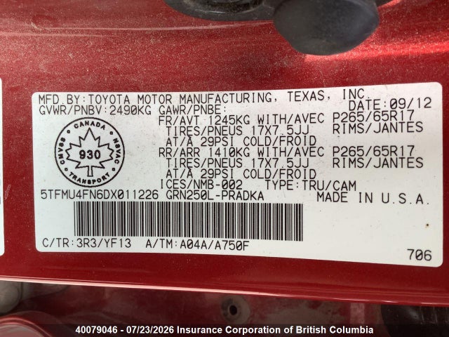Продаж на аукціоні авто 2013 Toyota Tacoma V6, vin: 5TFMU4FN6DX011226, номер лоту: 40079046