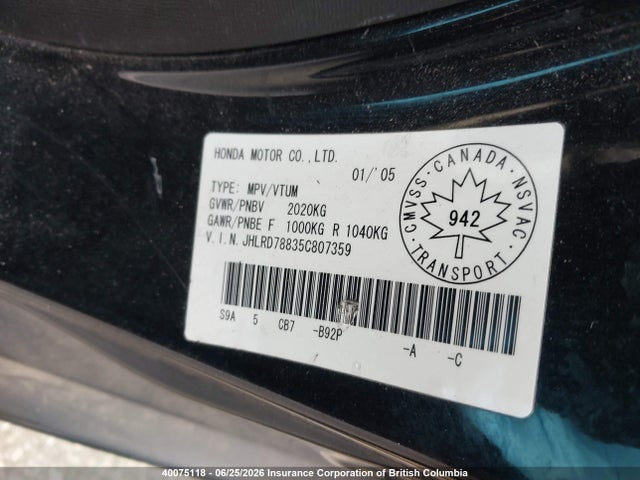 2005 Honda Cr-v Ex მანქანა იყიდება აუქციონზე, vin: JHLRD78835C807359, აუქციონის ნომერი: 40075118
