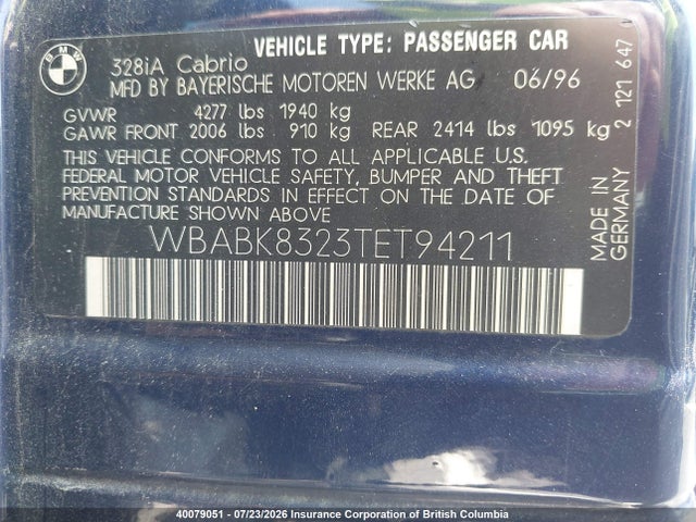 Aukcja sprzedaży 1996 Bmw 328i, vin: WBABK8323TET94211, numer aukcji: 40079051