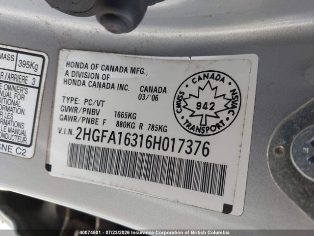 Продажа на аукционе авто 2006 Honda Civic Dx Vp, vin: 2HGFA16316H017376, номер лота: 40074501