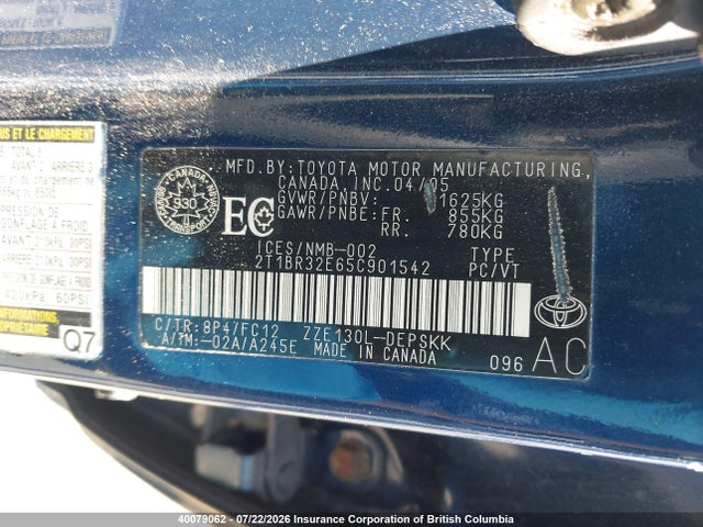 Продаж на аукціоні авто 2005 Toyota Corolla Ce/le/s, vin: 2T1BR32E65C901542, номер лоту: 40079062