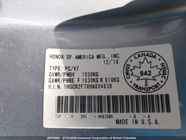 1HGCR2F7XHA804638 Honda ACCORD SE