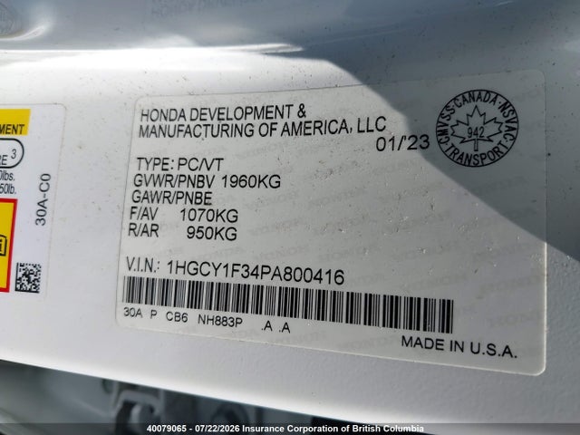 Продажа на аукционе авто 2023 Honda Accord Ex, vin: 1HGCY1F34PA800416, номер лота: 40079065