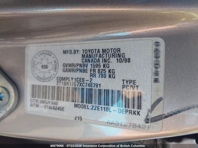 Продаж на аукціоні авто 1999 Toyota Corolla Ve/ce/le, vin: 2T1BR12E7XC748791, номер лоту: 40079066