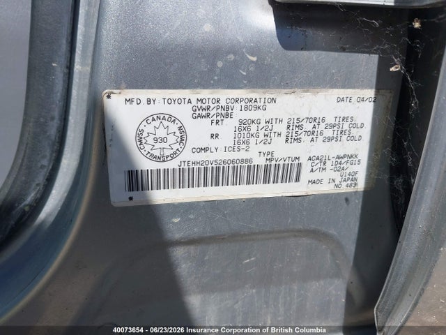 Продаж на аукціоні авто 2002 Toyota Rav4, vin: JTEHH20V526060886, номер лоту: 40073654