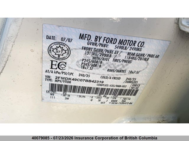 Aukcja sprzedaży 2007 Ford Edge, vin: 2FMDK49C07BB42319, numer aukcji: 40079085