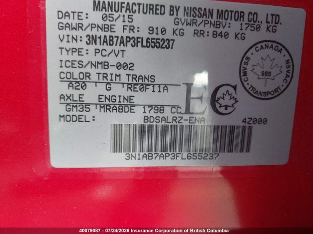Nissan Sentra S/sv/sr/sl 2015 3N1AB7AP3FL655237 Image 9