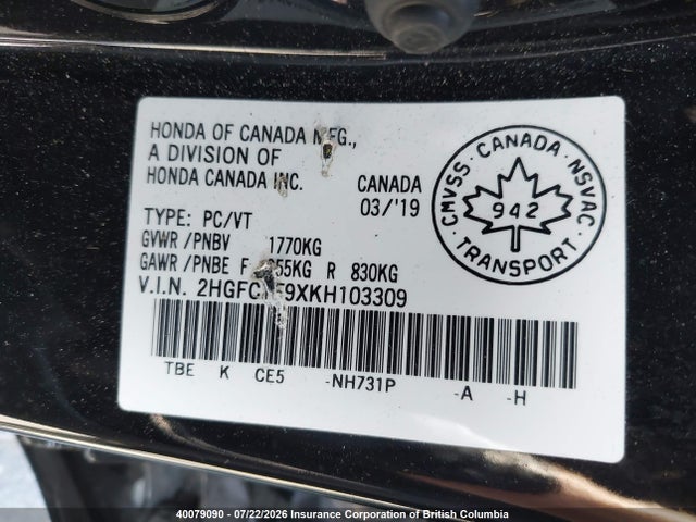 Honda Civic 2019 2HGFC1F9XKH103309 Image 9