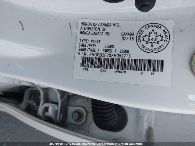 Продажа на аукционе авто 2015 Honda Civic, vin: 2HGFB2F7XFH052715, номер лота: 40079110